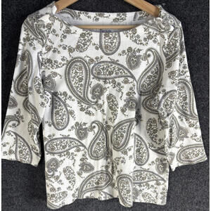 Croft & Barrow T-Shirt Women XL White Paisley 3/4 Sleeve Round Neck Cotton